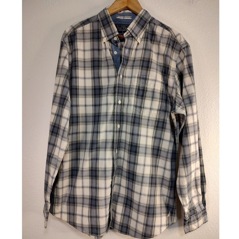 Nautica Men's Grey Plaid Long Sleeve Button Down Cotton Shirt Size Large